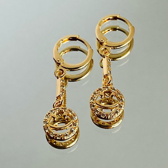 18K Gold Filled Smile Hoop Dangle Drop Earring Clear Cubic Zircon CZ Smiley - Picture 3 of 14